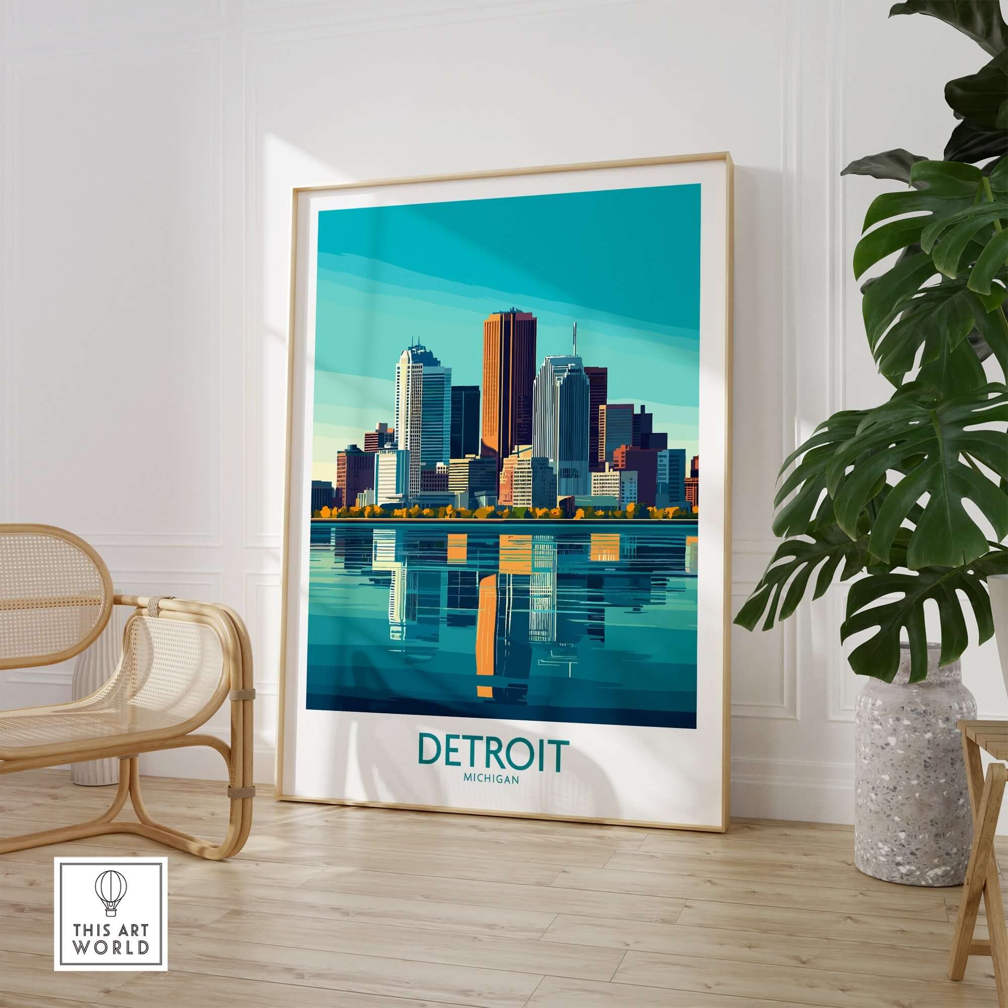 Detroit Art Print featuring the city's skyline and vibrant reflections in a modern living space.