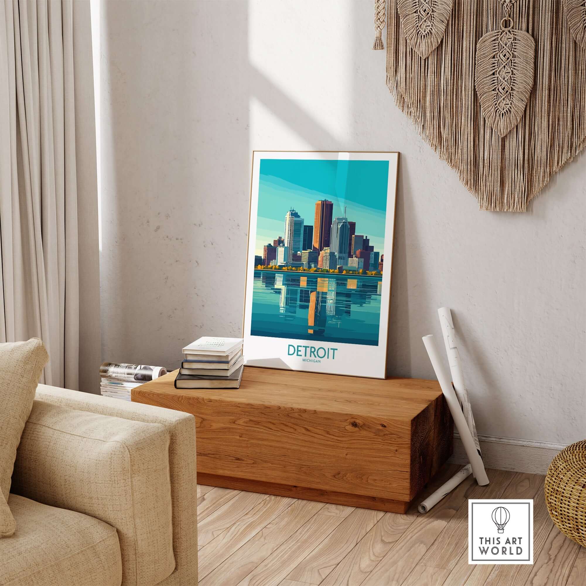 Detroit Art Print showcasing the city skyline in a modern living room setting with natural decor.