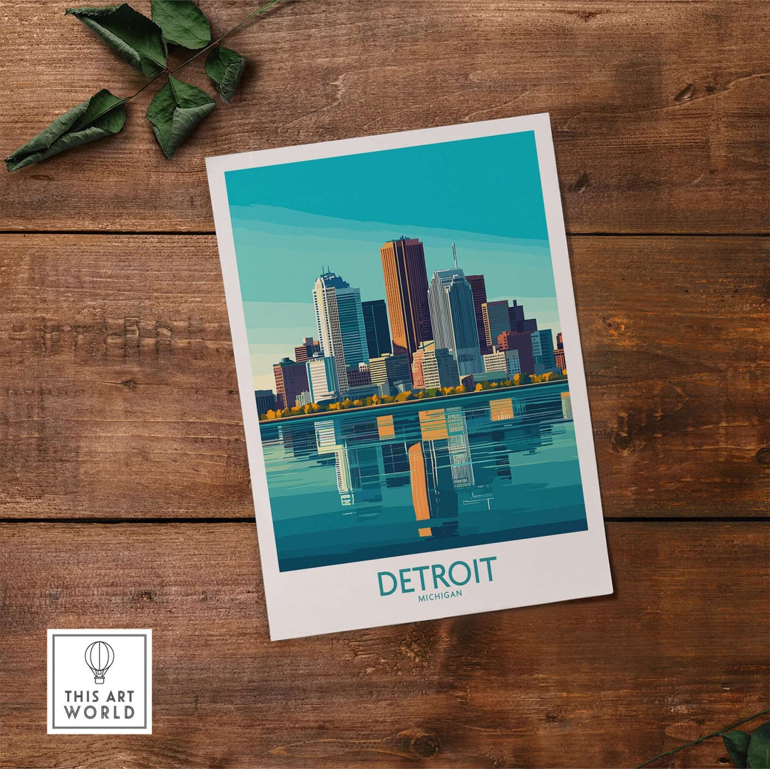 Detroit art print featuring the city skyline, capturing the vibrant spirit of the Motor City on a wooden background.