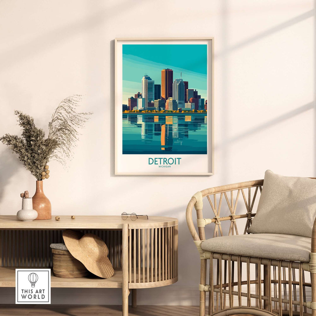 Detroit Art Print featuring a vibrant skyline and reflections, perfect for home decor and art lovers.