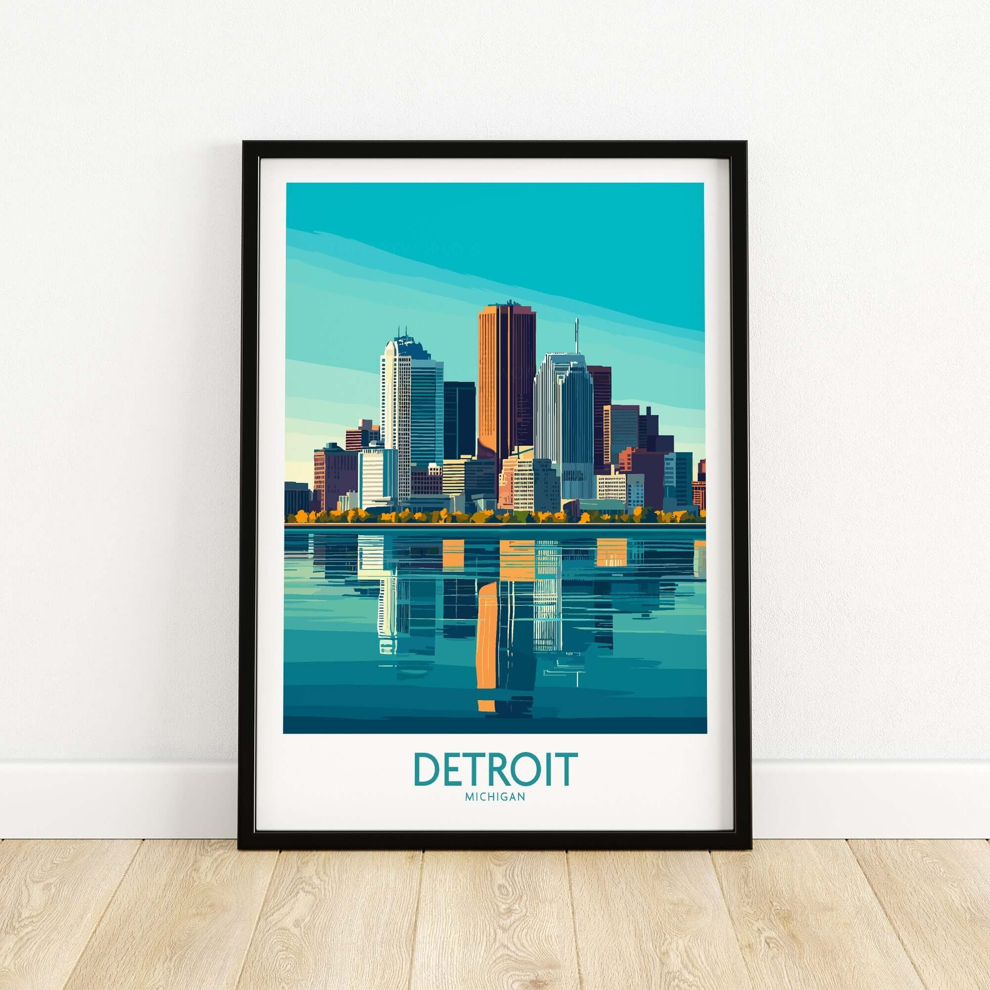 Detroit Art Print featuring a colorful skyline of Detroit reflected in the water.