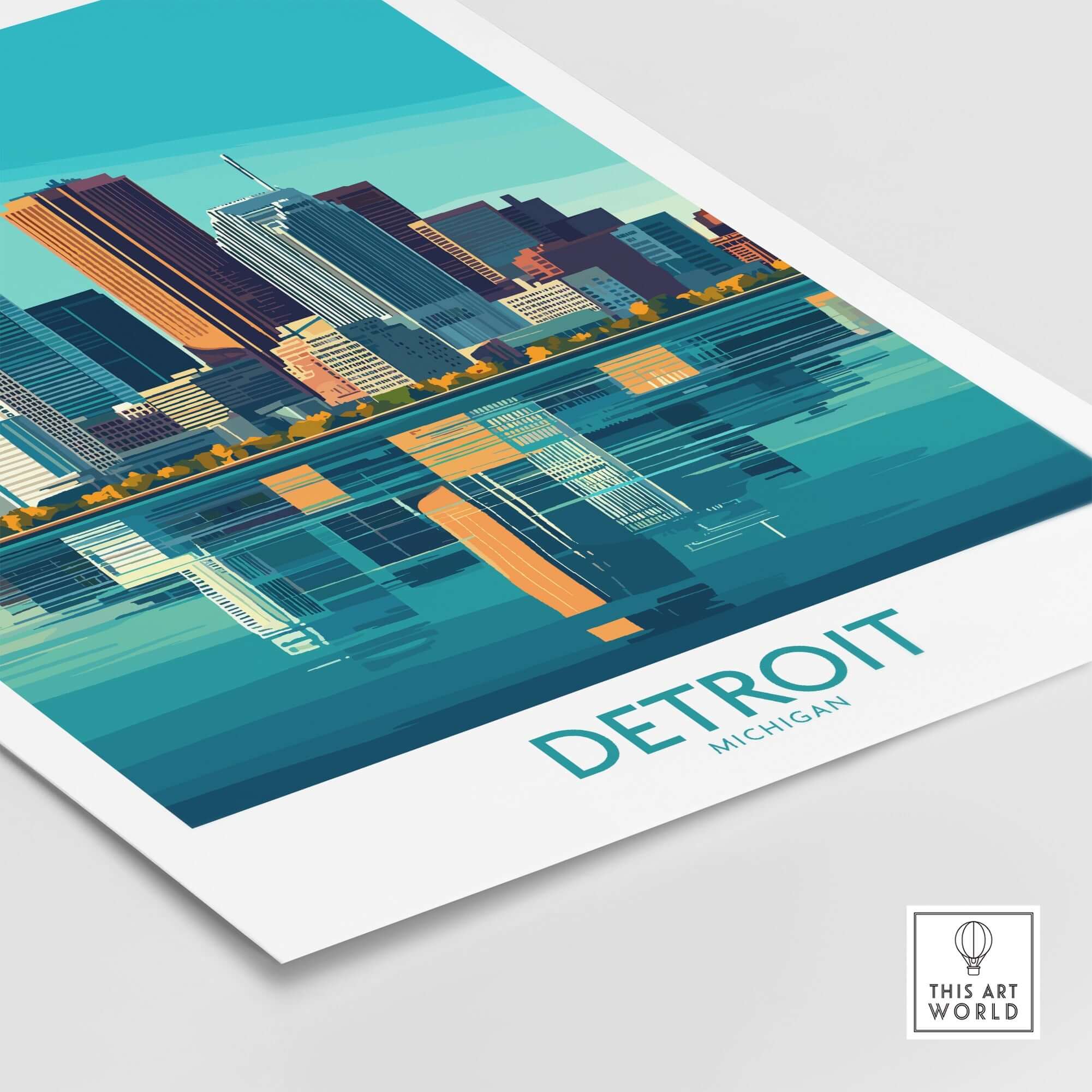 Detroit Art Print featuring the iconic skyline and reflection in vibrant colors.
