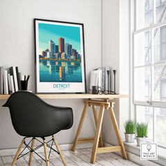 Detroit Art Print showcasing the vibrant skyline in a modern home office setting.