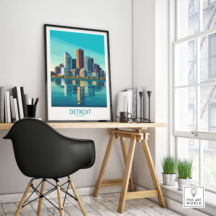 Detroit skyline art print displayed in a stylish home office, capturing the essence of the Motor City.