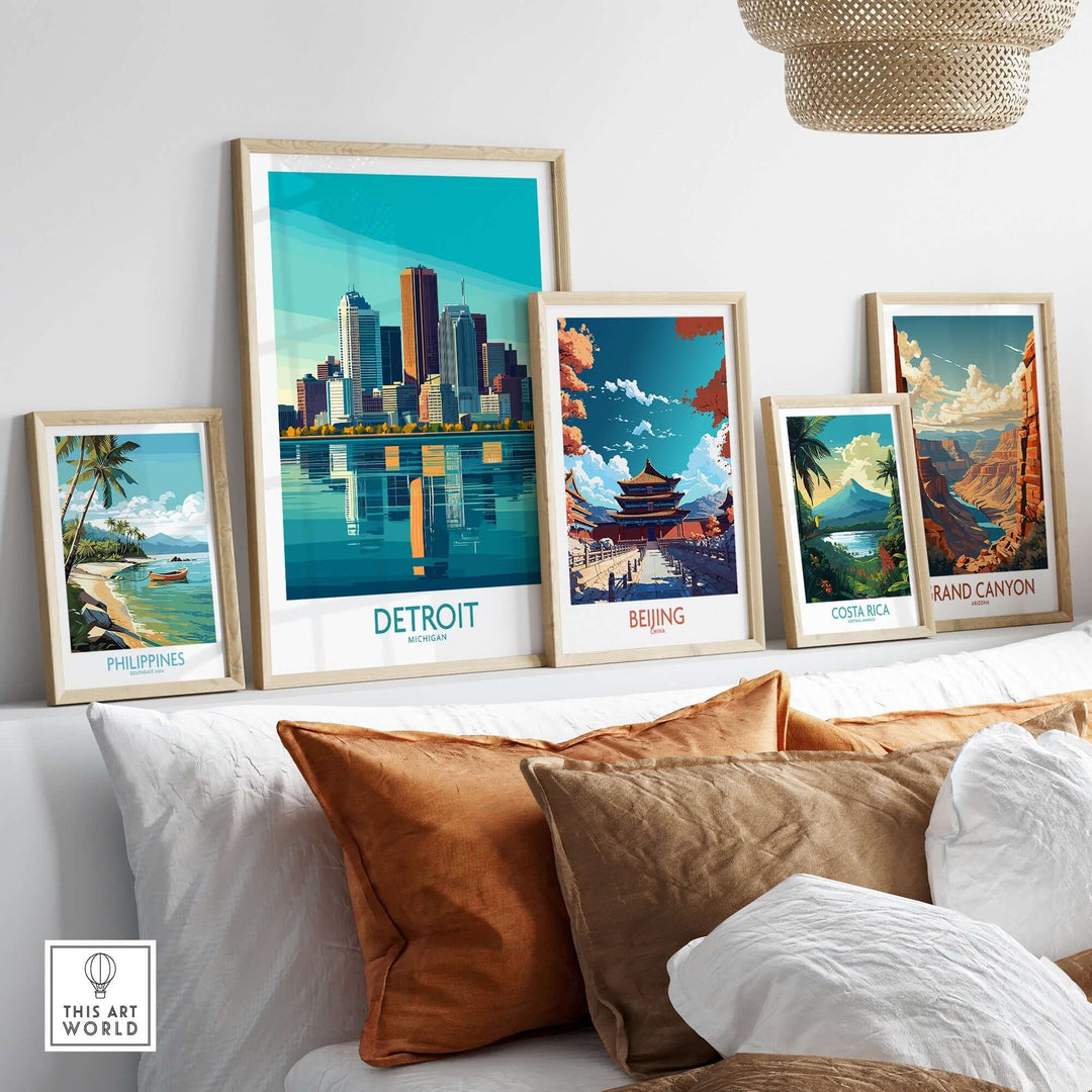 Colorful art prints of Detroit, Beijing, Costa Rica, and the Grand Canyon displayed in a stylish home setting.