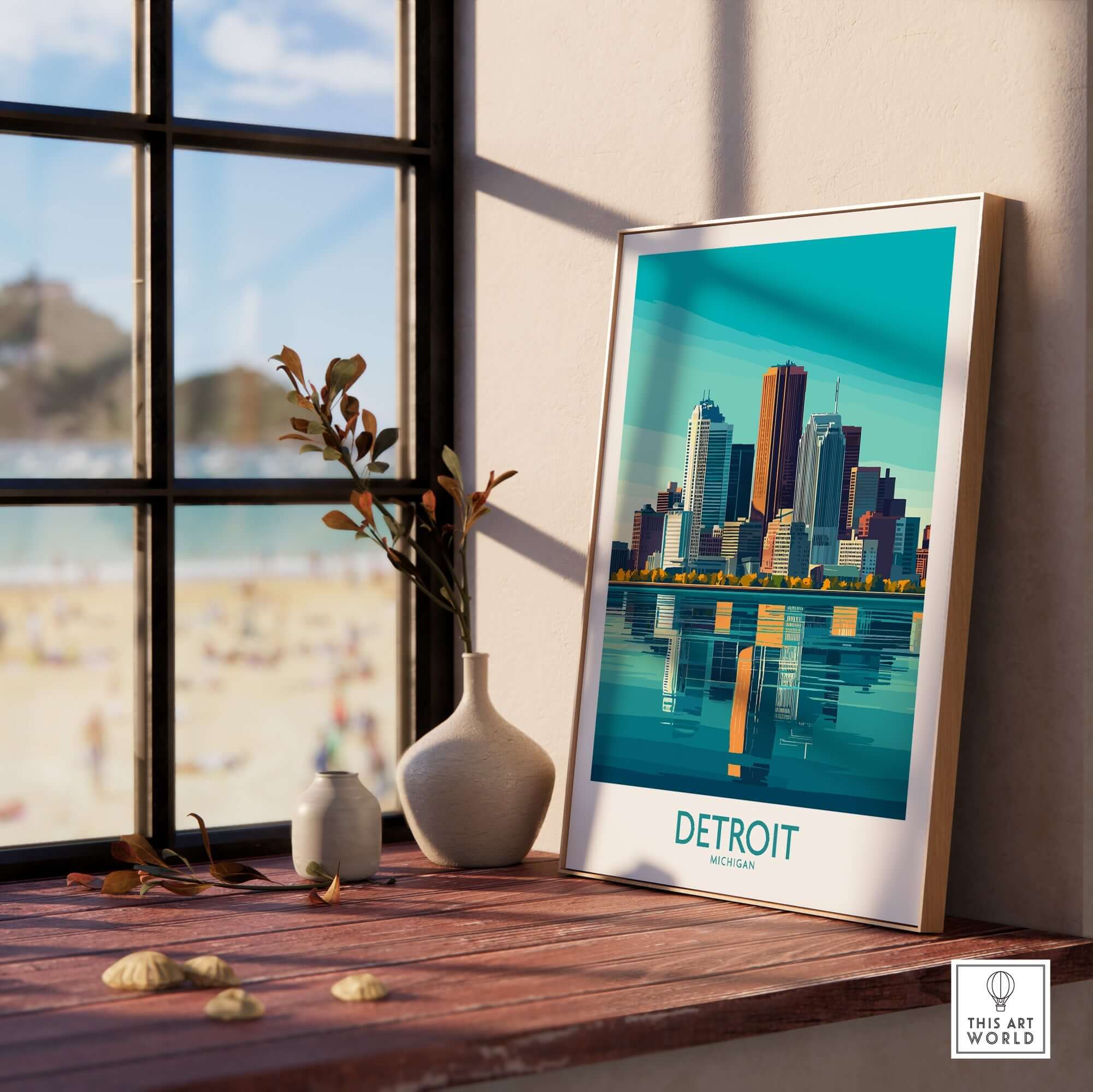 Detroit Art Print displayed on a wooden table, showcasing the vibrant Detroit skyline and architecture.