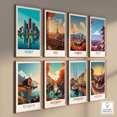 Colorful prints of iconic cities including Detroit Art Print framed on a wall.
