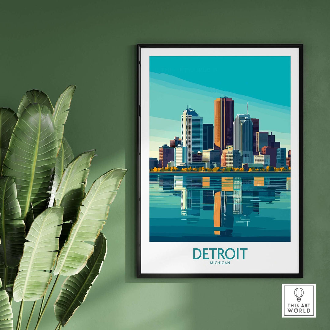 Iconic Detroit skyline art print in a modern frame against a green wall, showcasing vibrant colors and reflections.