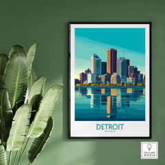 Detroit Art Print showcasing the city skyline and vibrant reflections on water, perfect for art lovers.