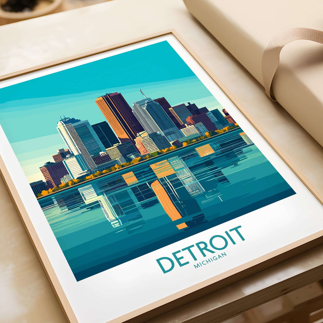 Detroit art print showcasing the city skyline and reflection on water, capturing the essence of the Motor City.