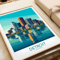 Detroit Art Print featuring the vibrant skyline and reflections of the Motor City, perfect for art lovers.