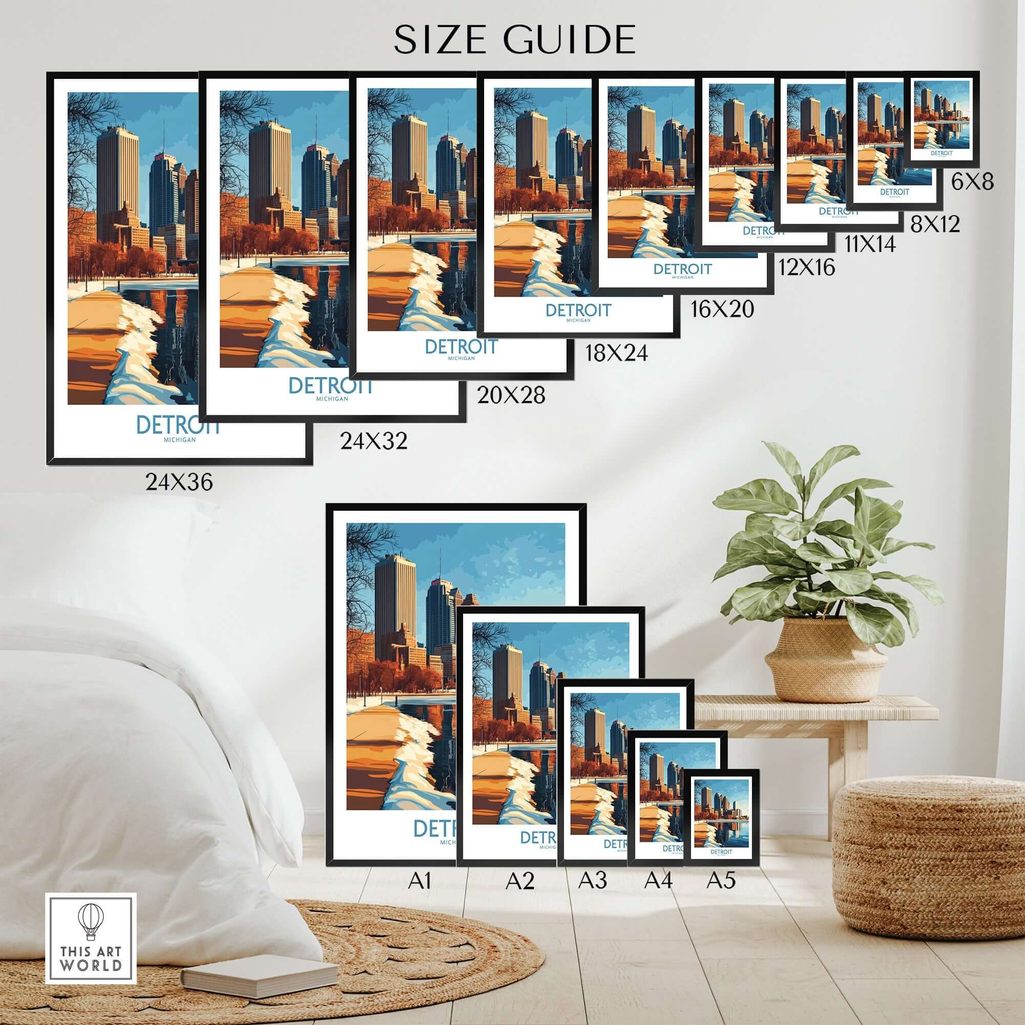 Size guide for Detroit Poster showcasing various dimensions and framed styles, ideal for home decor.