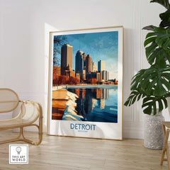 Detroit Poster showcasing the skyline of Detroit, Michigan, reflected in the water with a modern art style.