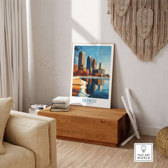 Detroit Poster showcasing the city’s skyline and reflection, perfect for home or office decor.