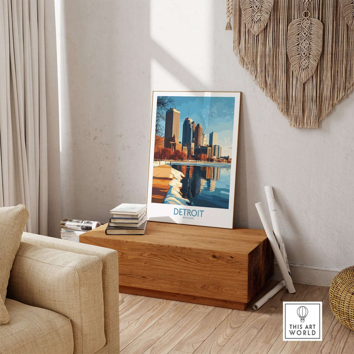 Detroit Poster displayed in a cozy living room, showcasing vibrant city skyline and reflection in water. Perfect for decor.