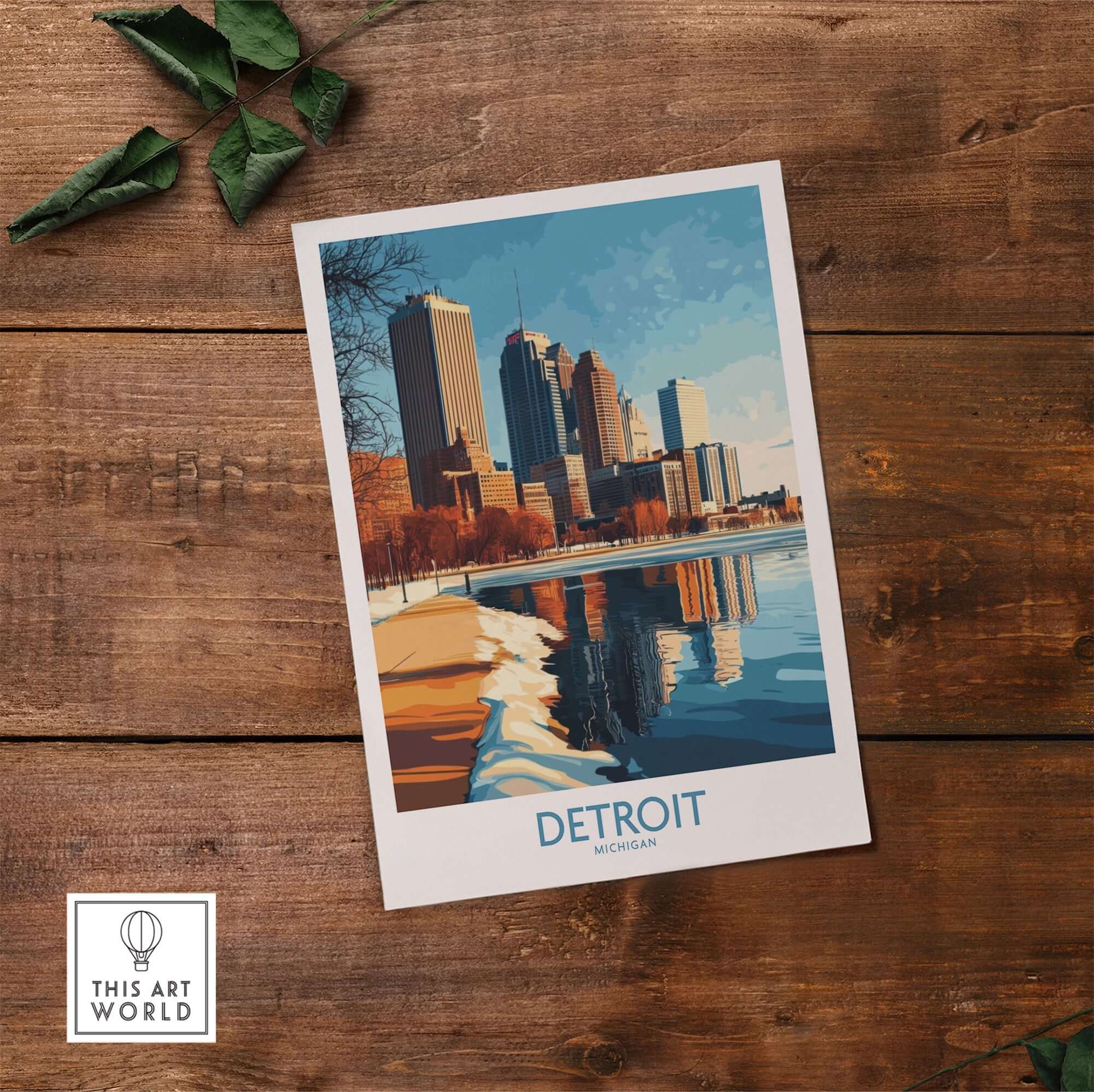 Detroit Poster showcasing the city's skyline with reflections, perfect for home or office decor.