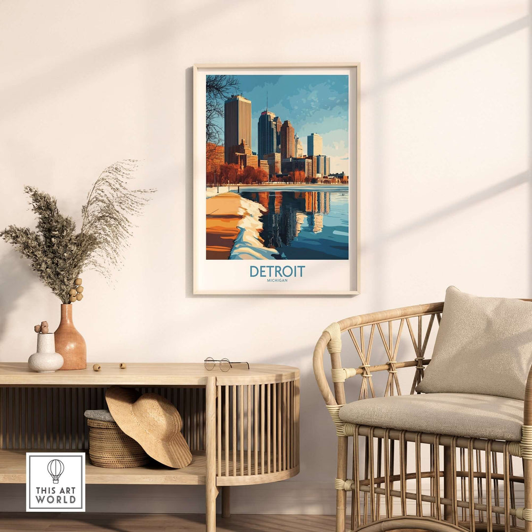 Detroit poster featuring skyline reflection, adding vibrant art to modern decor in a cozy living space.