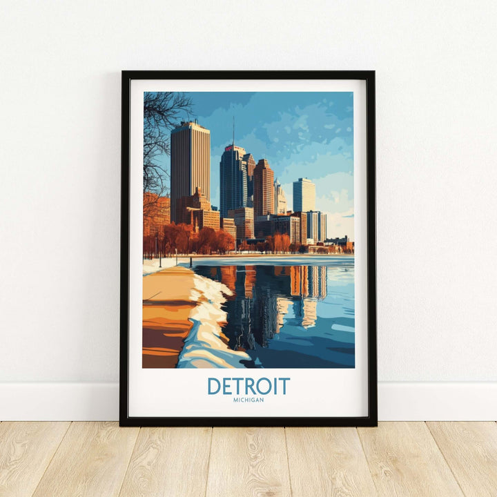 Vibrant Detroit poster showcasing the city's skyline and river, perfect for home or office decor.