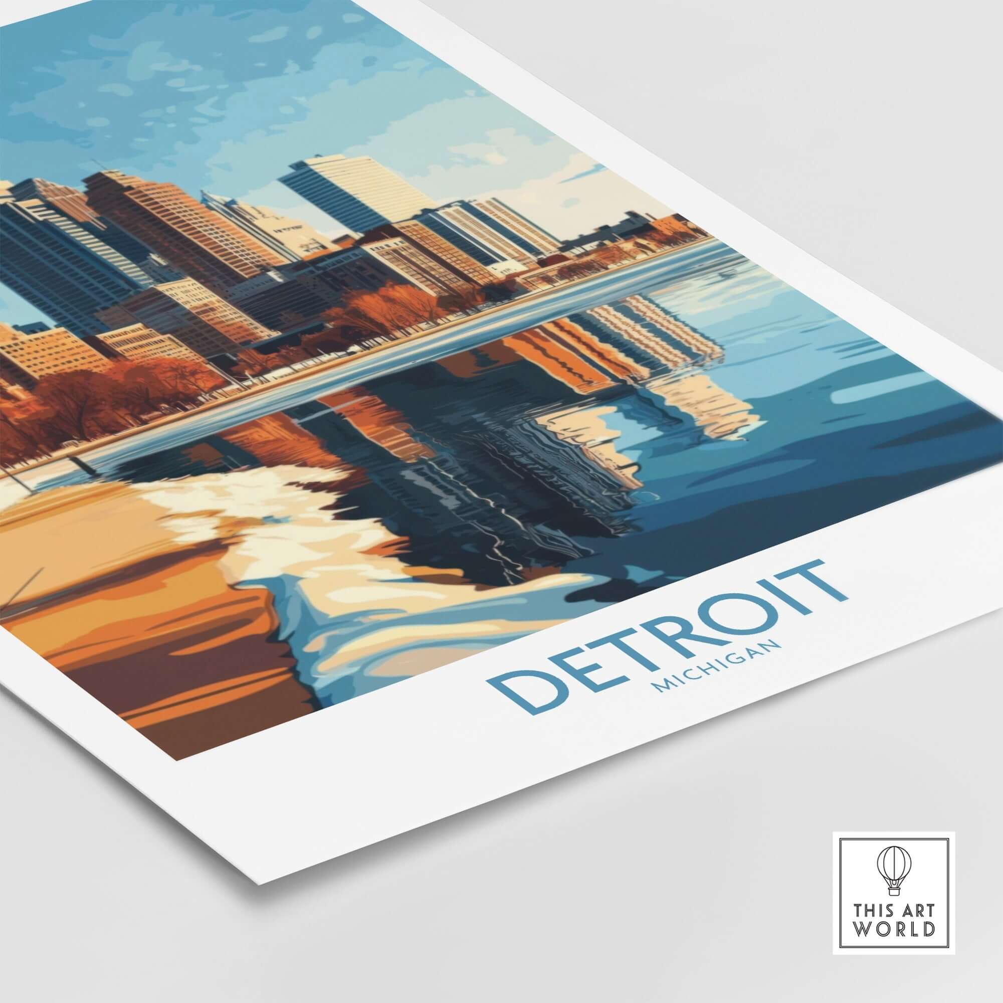 Detroit Poster featuring a vibrant skyline and reflection on water, celebrating the iconic city of Detroit.