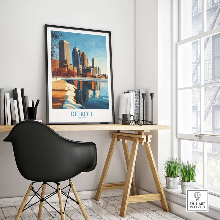 Detroit poster showcasing city skyline above water on a stylish desk in a modern home office setting.