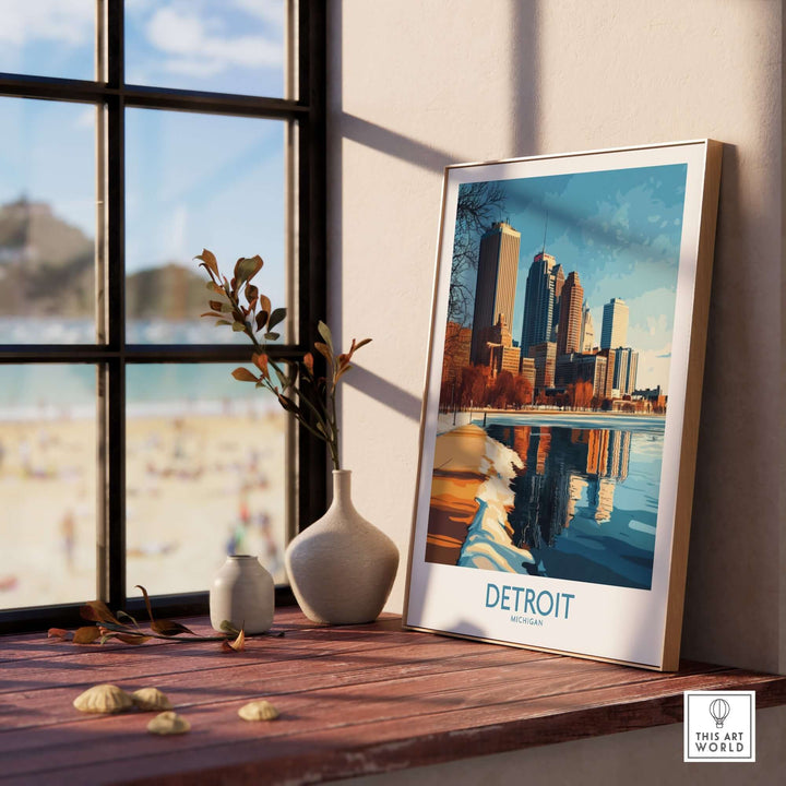 Detroit poster showcasing the skyline, decoratively framed on a wooden table near a window with a beach view.