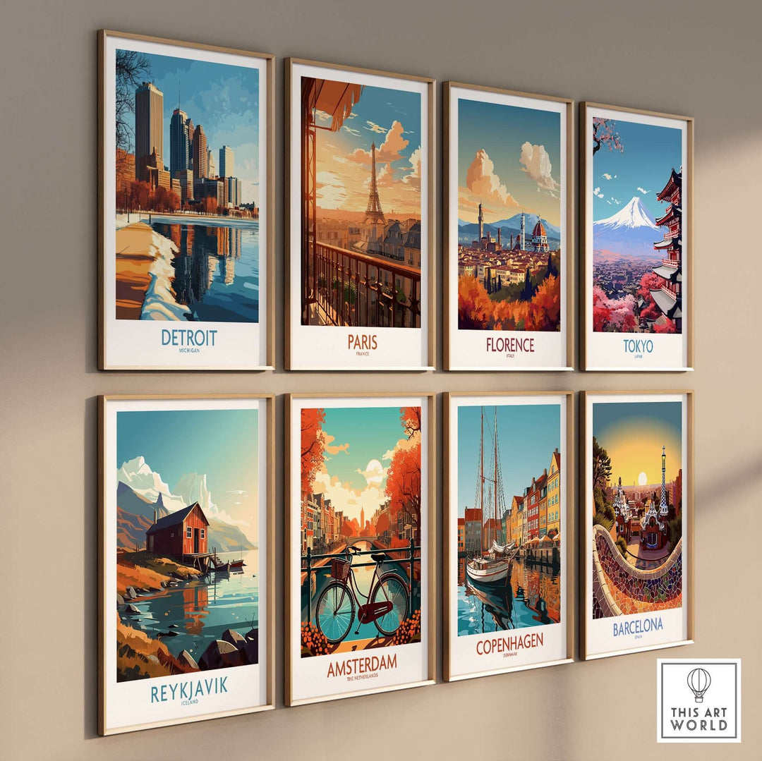 A collection of vibrant city posters featuring Detroit, Paris, Florence, Tokyo, Reykjavik, Amsterdam, Copenhagen, and Barcelona.