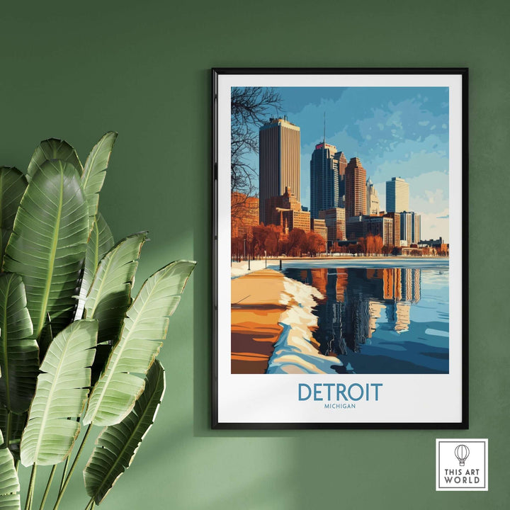 Vibrant Detroit poster showcasing the city's skyline and waterfront, perfect for home or office decor.