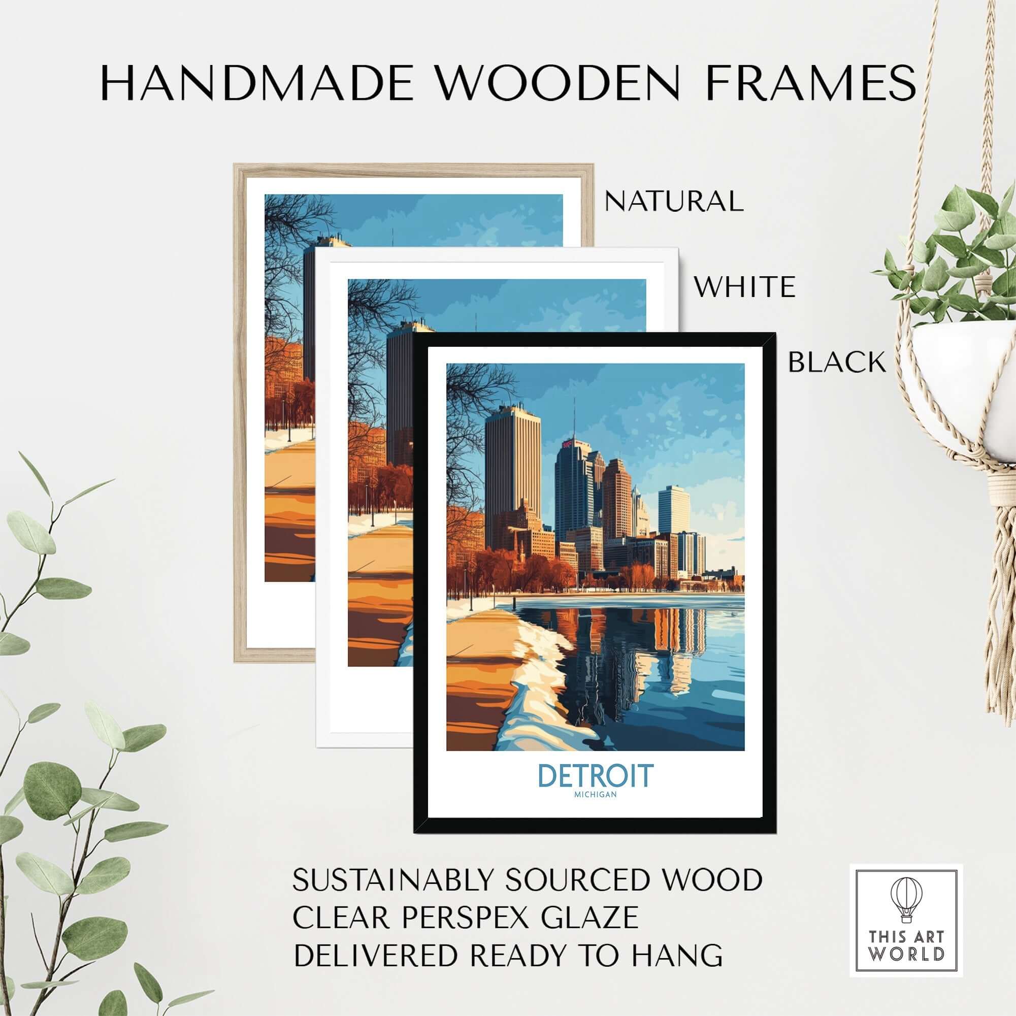 Handmade wooden frames featuring a Detroit Poster in natural, white, and black options, sustainably sourced wood.