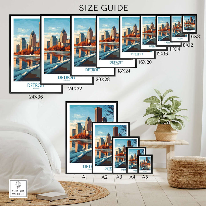 Size guide for Detroit poster prints displaying various dimensions alongside a stylish living room setting.