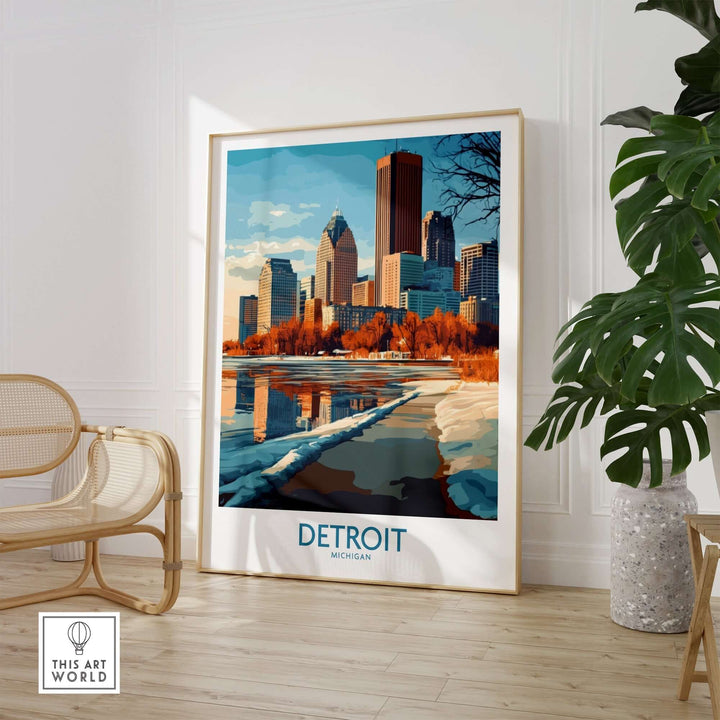 Detroit Michigan poster showcasing iconic skyline and vibrant cityscape decor for home or office.