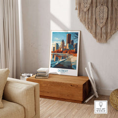 Detroit Poster Michigan displayed in a modern living room with wooden accents and stylish decor.