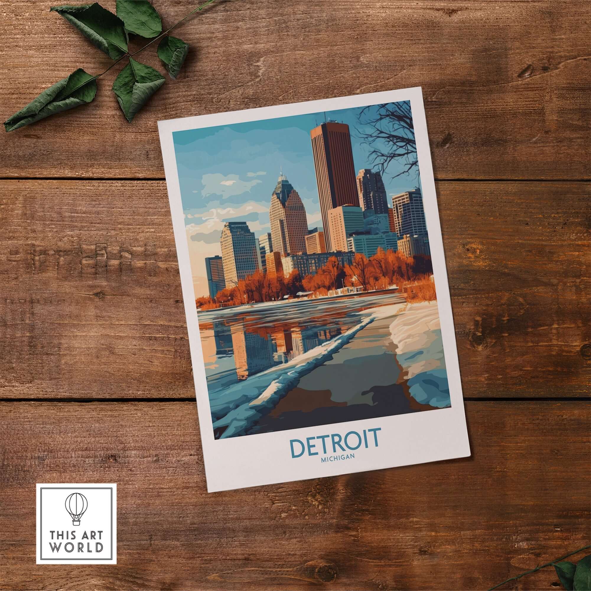 Detroit Poster Michigan showcasing the vibrant city skyline and waterfront, perfect for home or office decor.