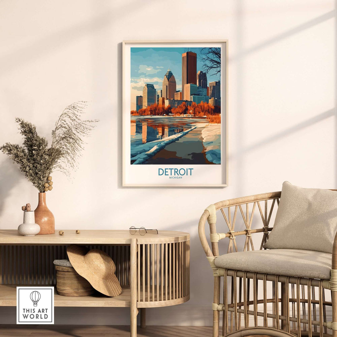 Detroit poster featuring vibrant city skyline and colorful landscape, perfect for home or office decor.