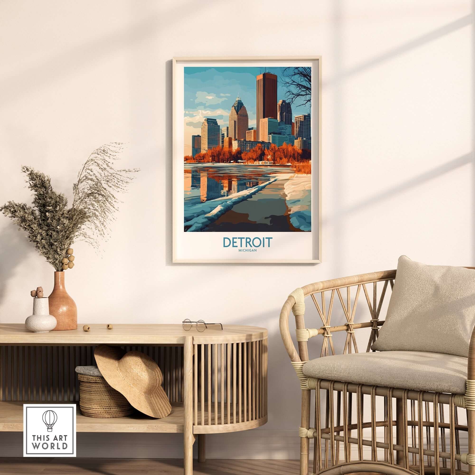 Detroit Poster Michigan featuring a vibrant cityscape decor for home or office.