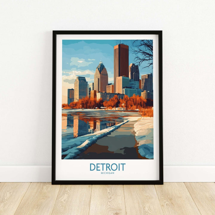 Detroit poster featuring iconic skyline and river, showcasing the beauty and spirit of Michigan's largest city.