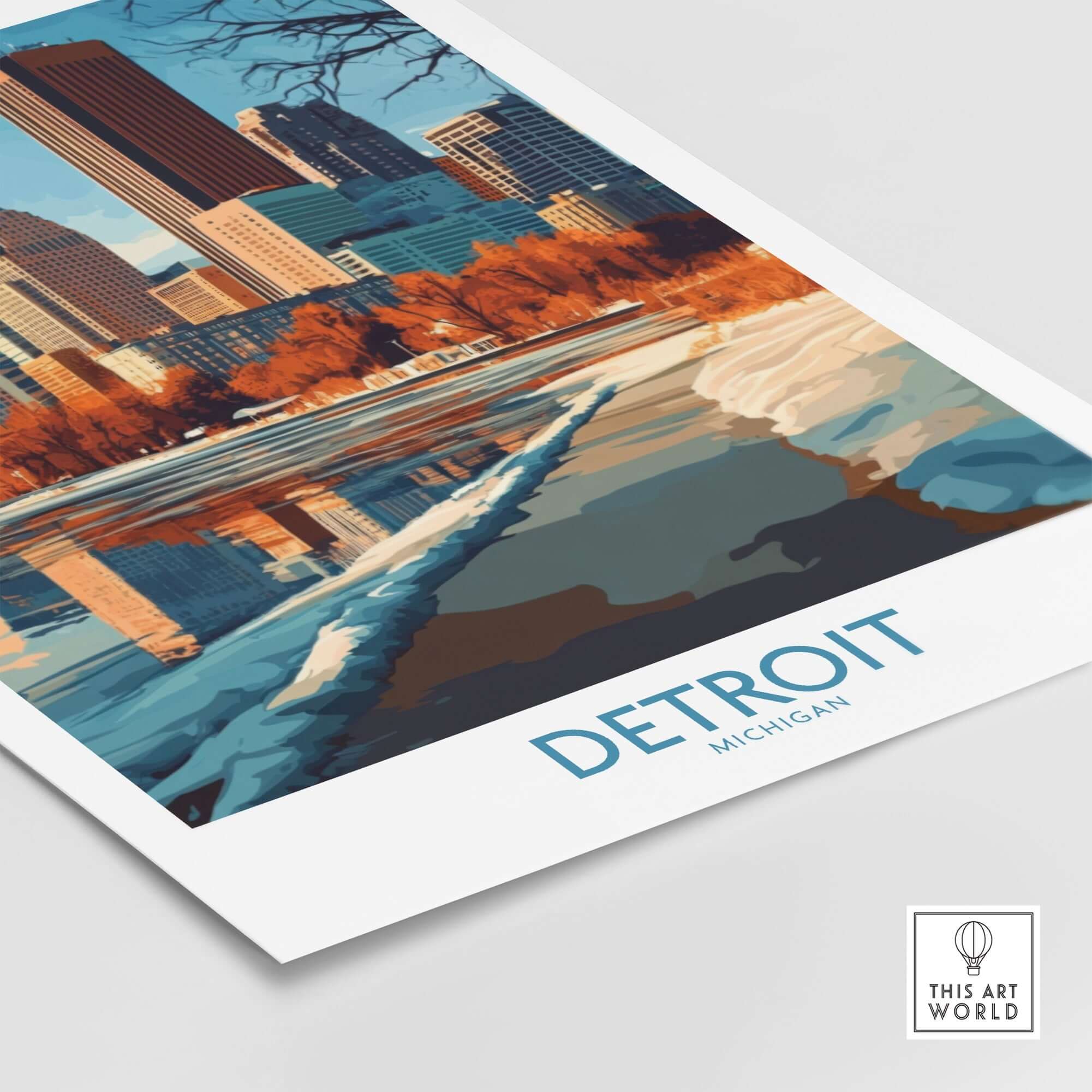 Detroit Poster Michigan featuring vibrant city skyline and reflective water design.