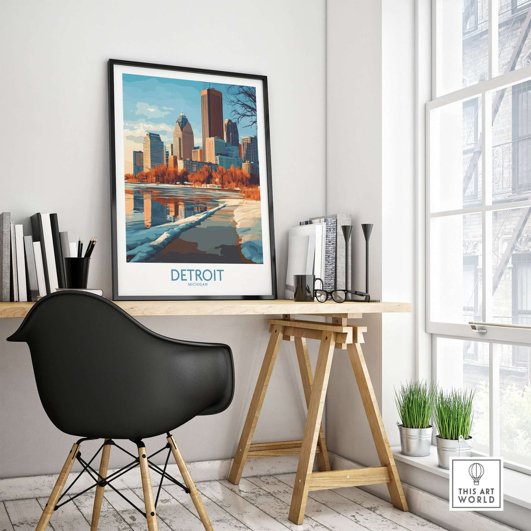 Stylish Detroit poster displayed in a modern workspace, highlighting iconic city landmarks and vibrant colors.