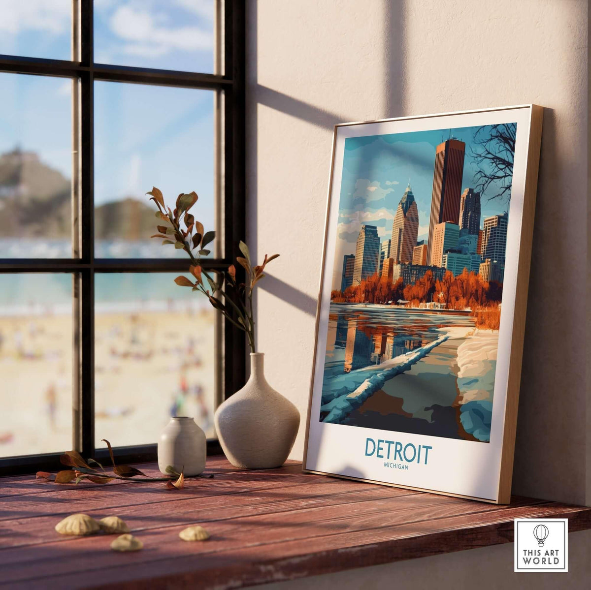 Detroit Poster Michigan displayed next to a window, showcasing the vibrant skyline and landscape of Detroit, Michigan.