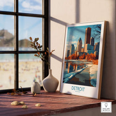 Detroit Poster Michigan displayed next to a window, showcasing the vibrant skyline and landscape of Detroit, Michigan.