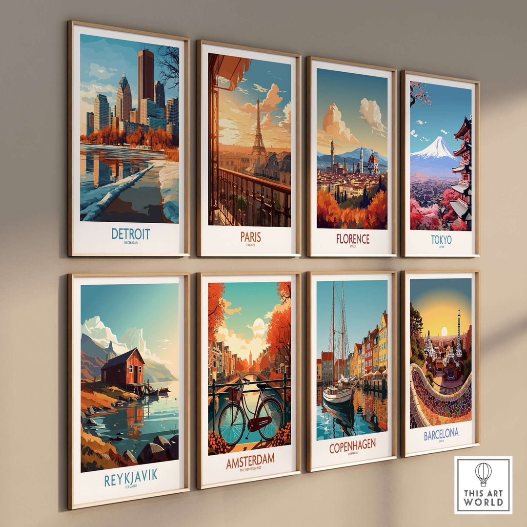 Colorful travel posters of cities like Detroit, Paris, and Tokyo, arranged in a stylish gallery wall display.