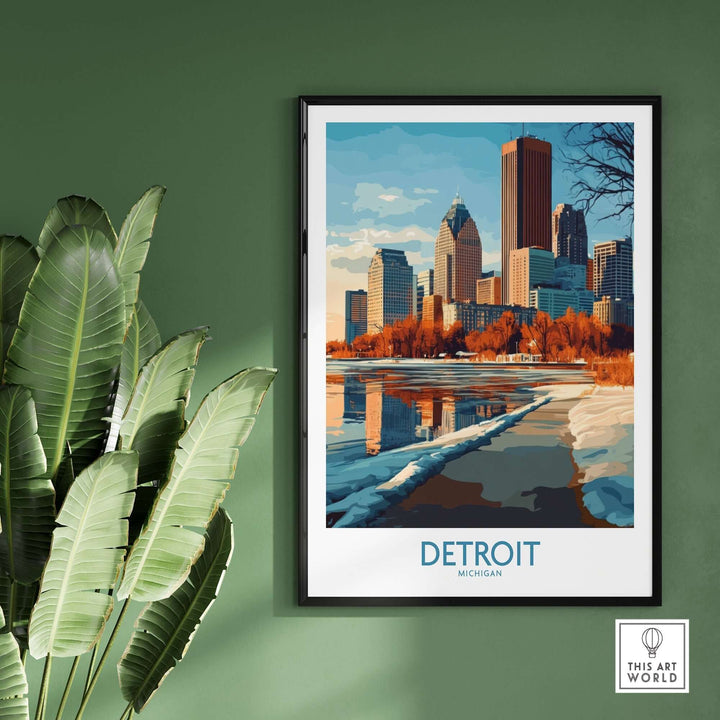 Detroit poster featuring iconic skyline and river reflection, showcasing the vibrant spirit of Michigan's largest city.