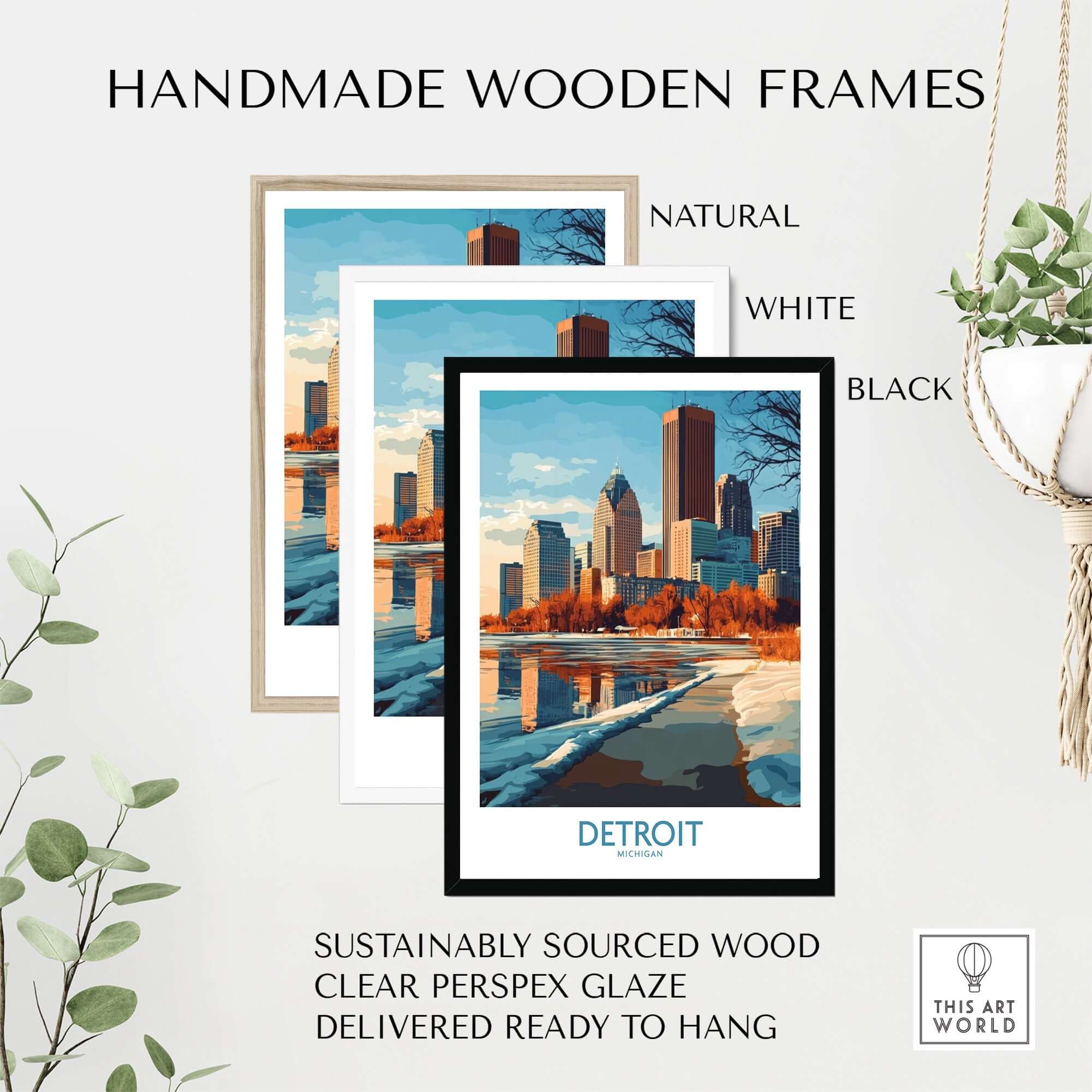 Detroit Poster Michigan in handmade wooden frames, showcasing natural, white, and black options.