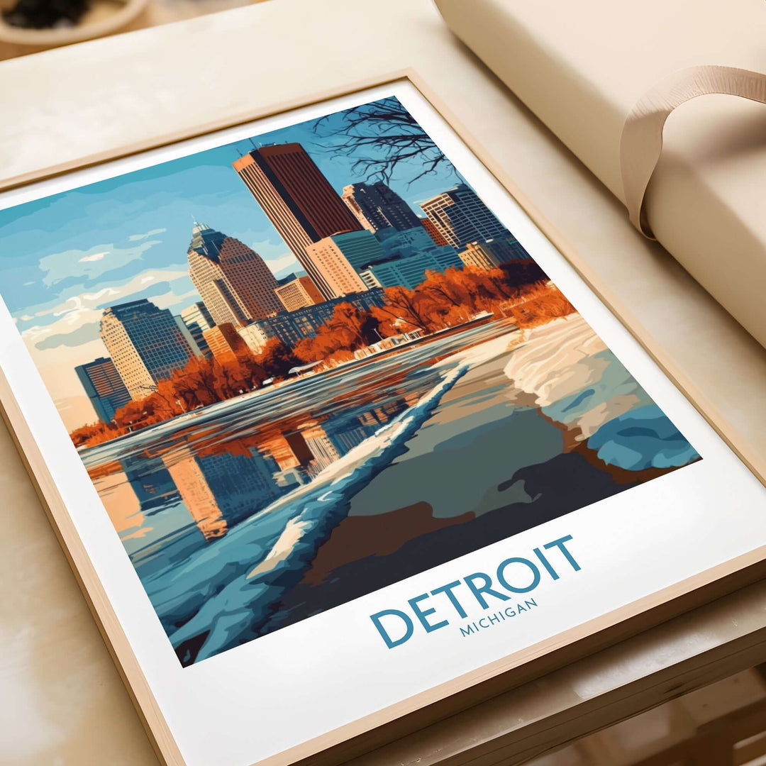 Detroit poster featuring skyline reflections and vibrant colors, showcasing Michigan's iconic landmarks and energy.