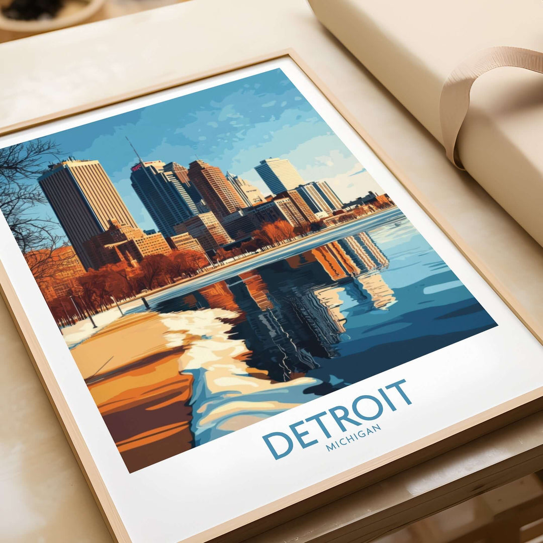 Detroit poster featuring a vibrant city skyline and lake reflection, perfect for home or office decor.