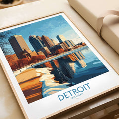 Detroit Poster featuring a vibrant view of Detroit skyline with reflections in water, perfect for home decor.