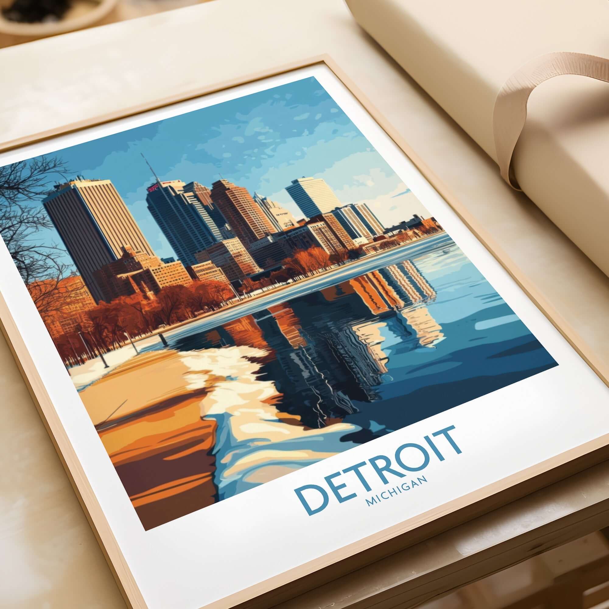 Detroit Poster featuring a vibrant view of Detroit skyline with reflections in water, perfect for home decor.