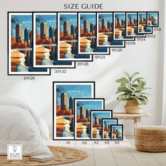 Size guide for Detroit Print showcasing various frame sizes and placements in a stylish home setting.