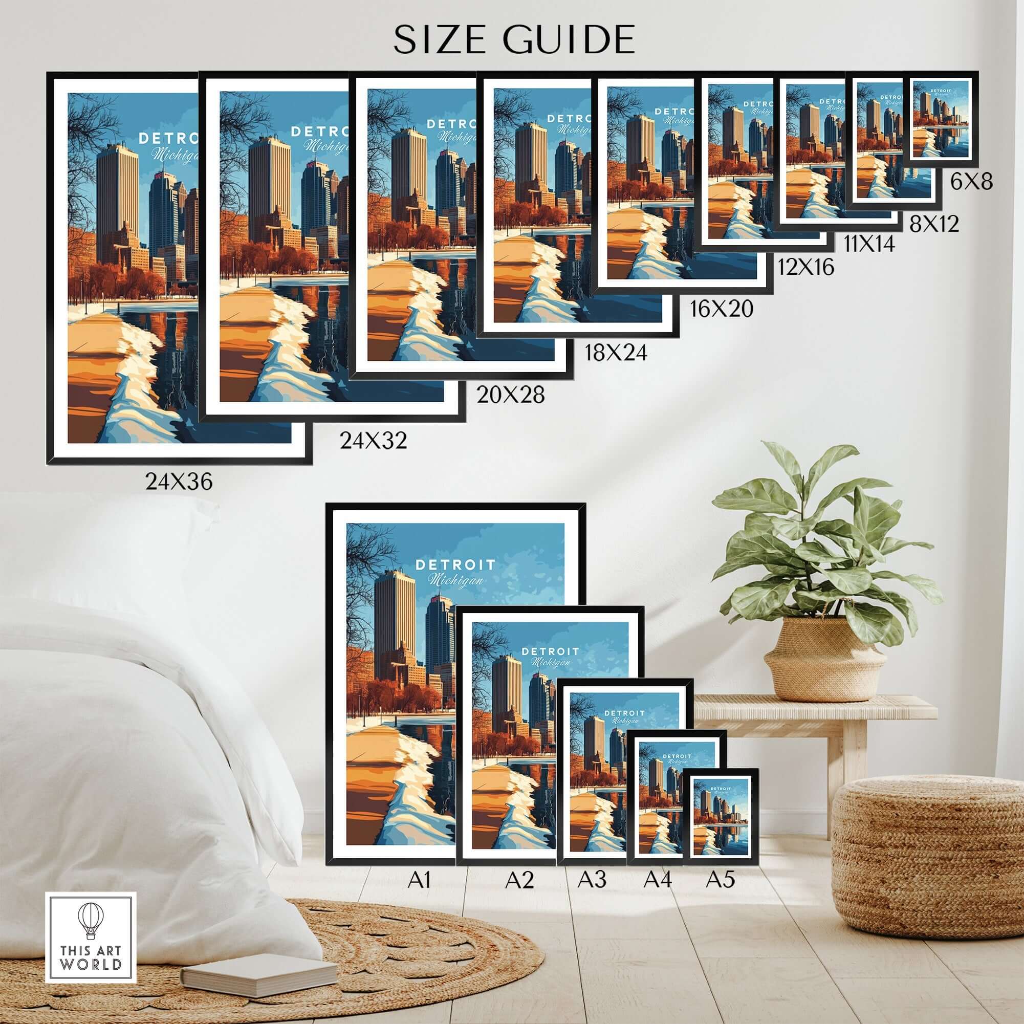 Size guide for Detroit Print showcasing various frame sizes and placements in a stylish home setting.