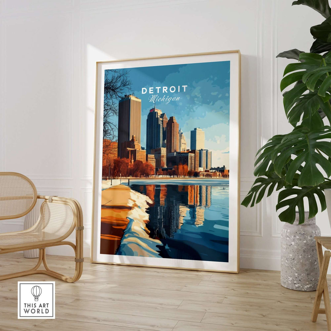 Vibrant Detroit city poster displayed in a stylish room, showcasing iconic skyline and waterfront scenery.