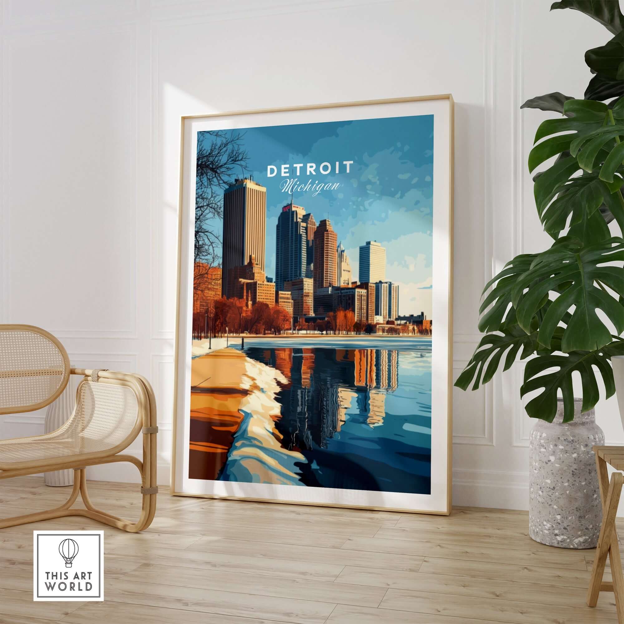 Detroit Print showcasing the skyline and yellow house on the waterfront, perfect for city lovers.